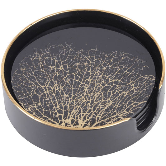 Coral Design Black And Gold Coasters Set Of 4