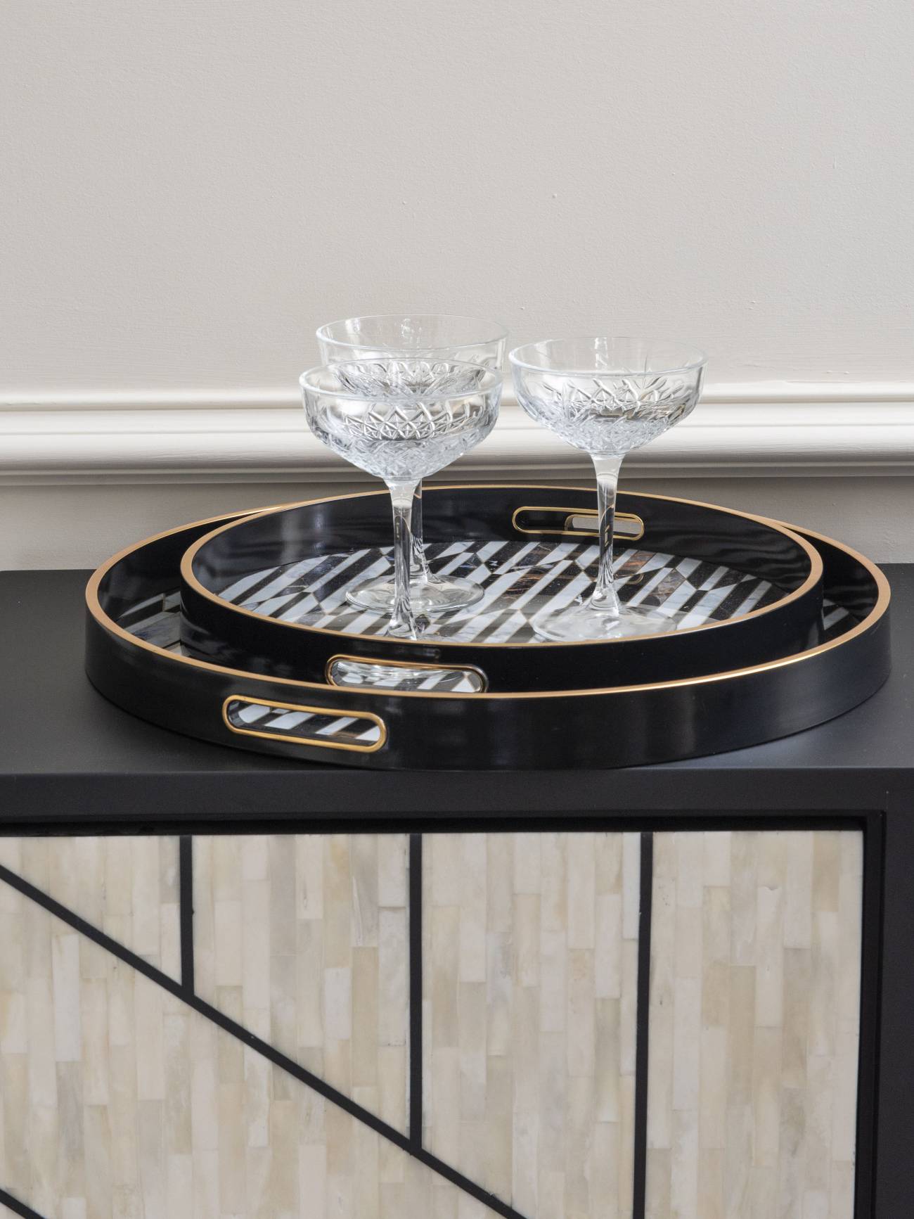 Set of Two Black And Antique Gold Geometric Pattern Trays