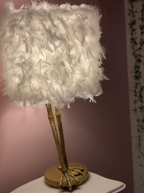 Antique Gold Large Bird Leg Table Lamp with White Feather Shade