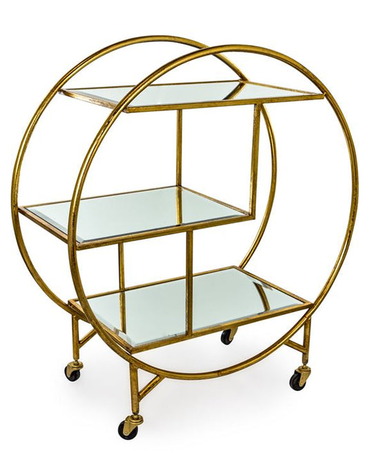 Antique Gold Bronze Leaf Metal Bar Trolley with Mirror Shelves