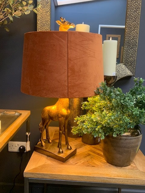 Antique Gold Giraffe Lamp With Burnt Orange Velvet Shade