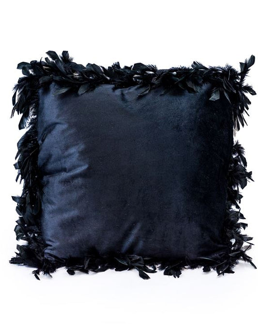 Black Feather Edged Square Velvet Cushion