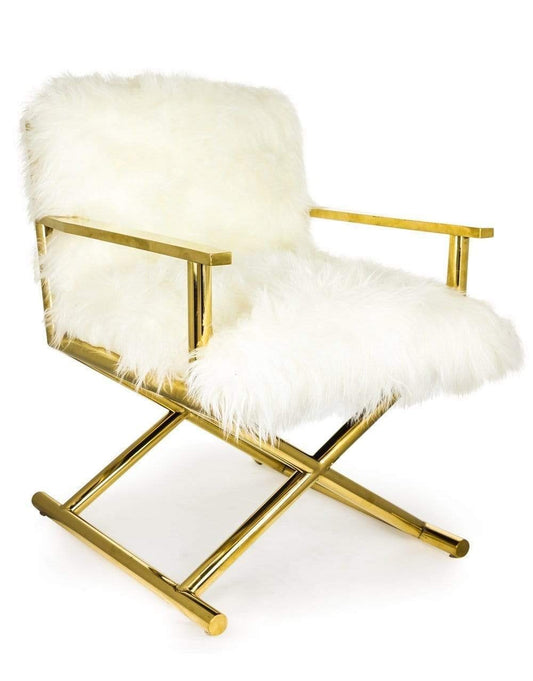 Brass Directors Style Chair with White Mongolian Fur Style Seat