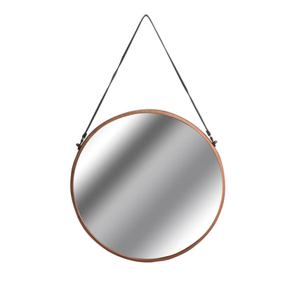 Copper Rimmed Round Hanging Wall Mirror With Black Strap