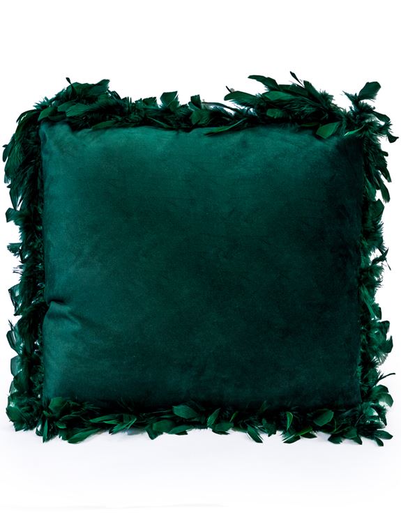 Dark Green Feather Edged Square Velvet Cushion