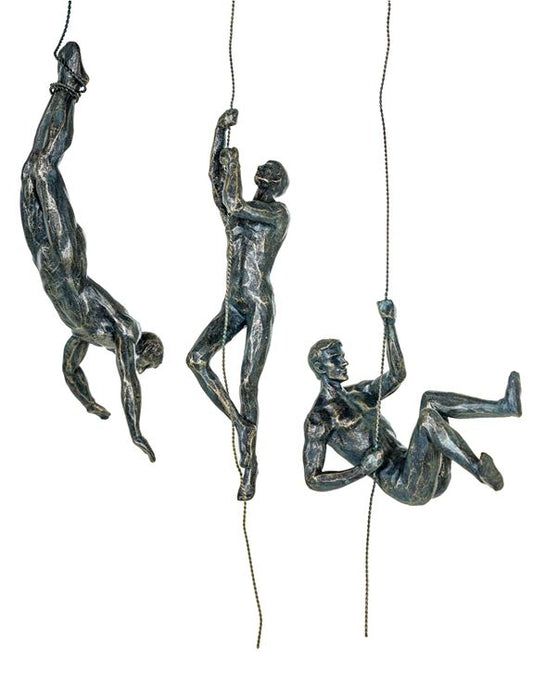 Set of Three Antique Bronze Abseiling Men Wall Figures